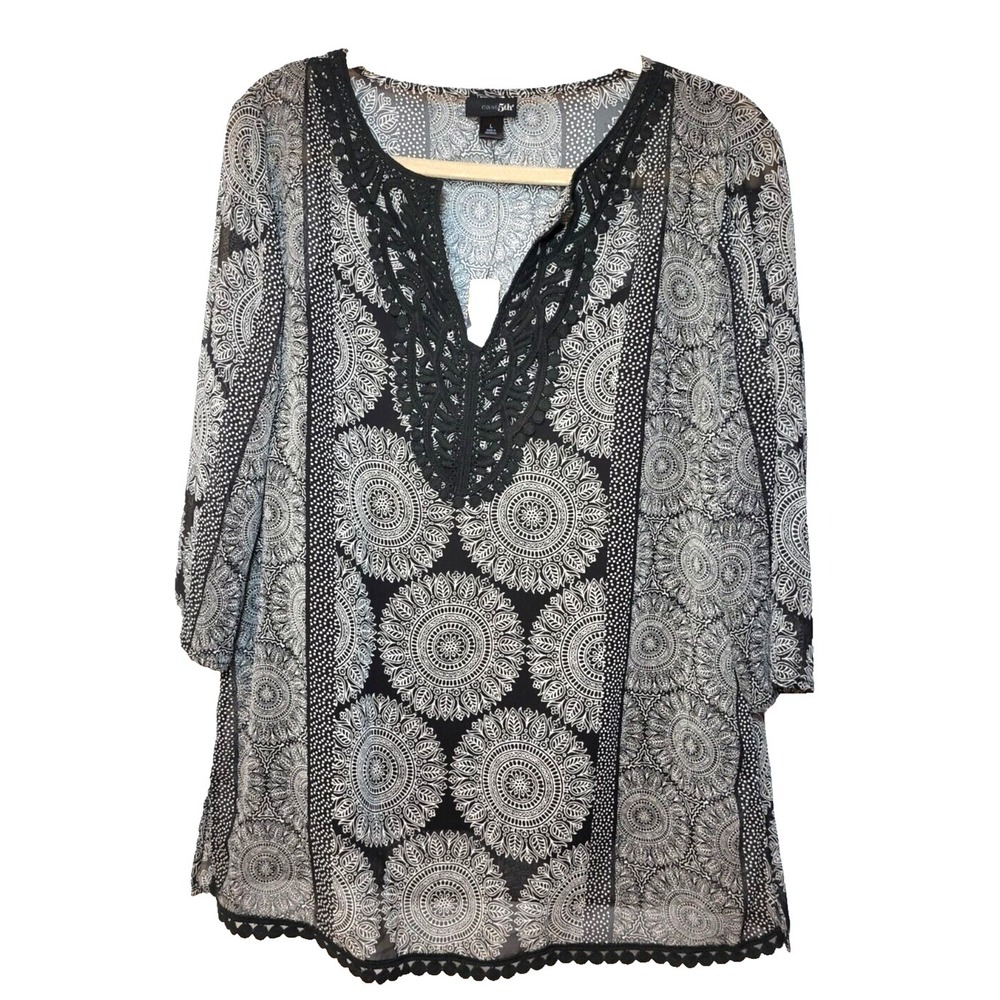 NWT East 5th Sheer Black/White Lace Front/Hem Top Black V-Neck Camisole  Large